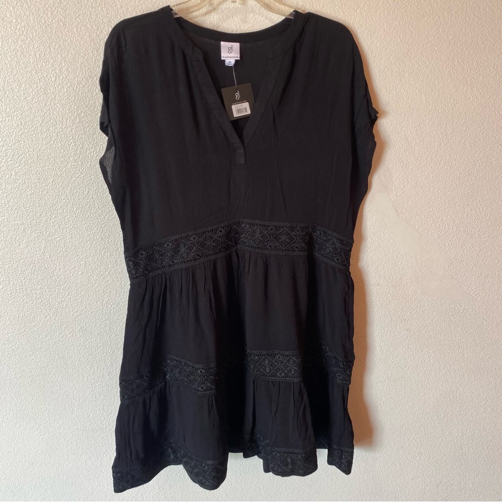 Gibsonlook Black Lace-Trim V-Neck Tunic Dress Womens M Tiered